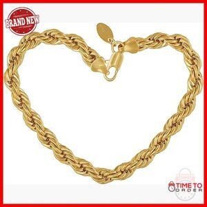 7mm Rope Chain Bracelet 24K Gold Plated Lobster Clasp 9 Inch